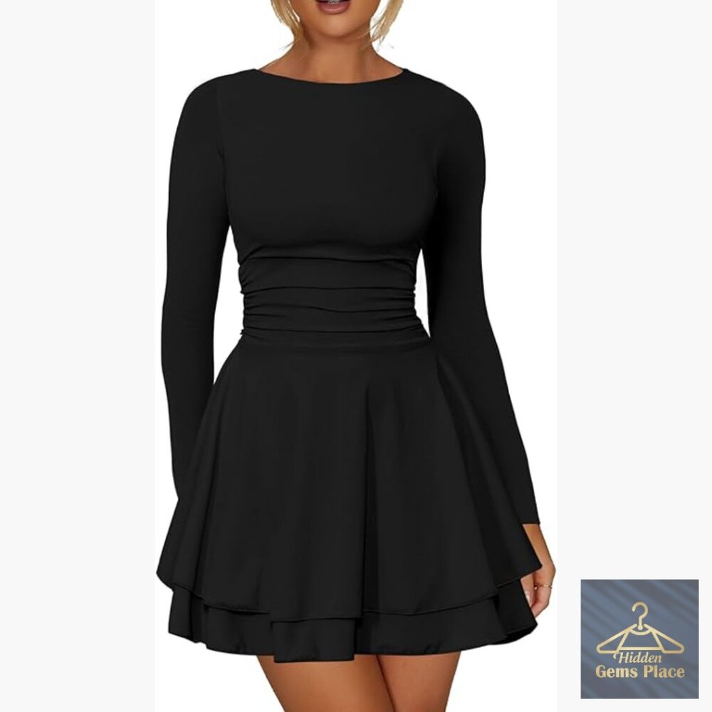 Long Sleeve Corset Mini Dress Ruffle Hem Club Party Cocktail
